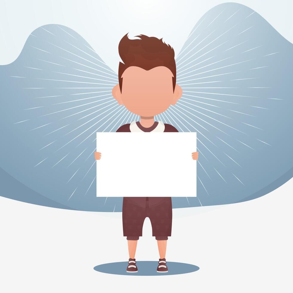 A cute little boy with a blank banner. Place for your text. illustration in cartoon style. vector