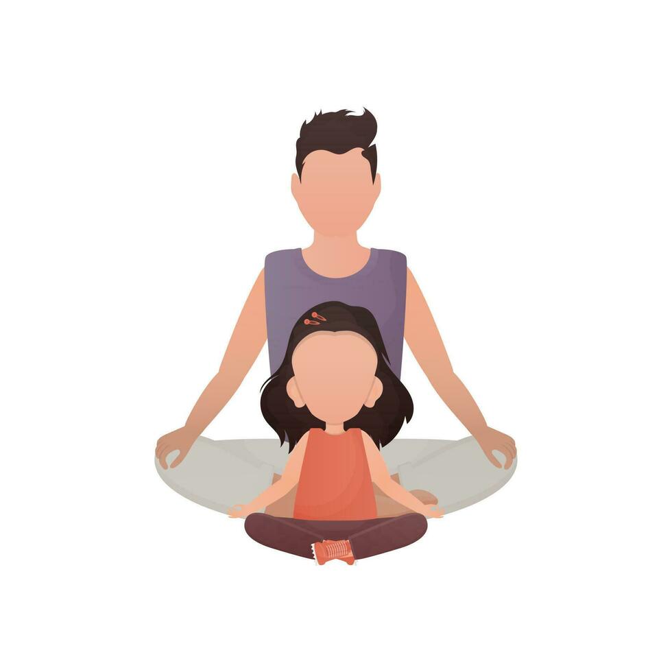 A strong man and a cute little girl are sitting doing meditation. Isolated. Cartoon style. vector