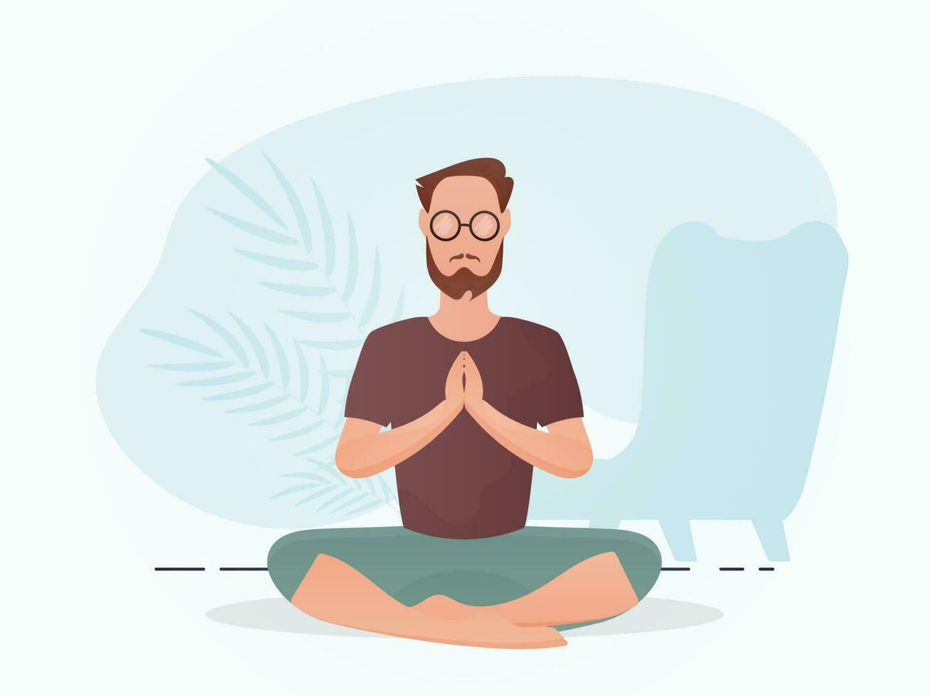 un chico con un fuerte físico es sentado y haciendo yoga. meditación. dibujos animados estilo. vector