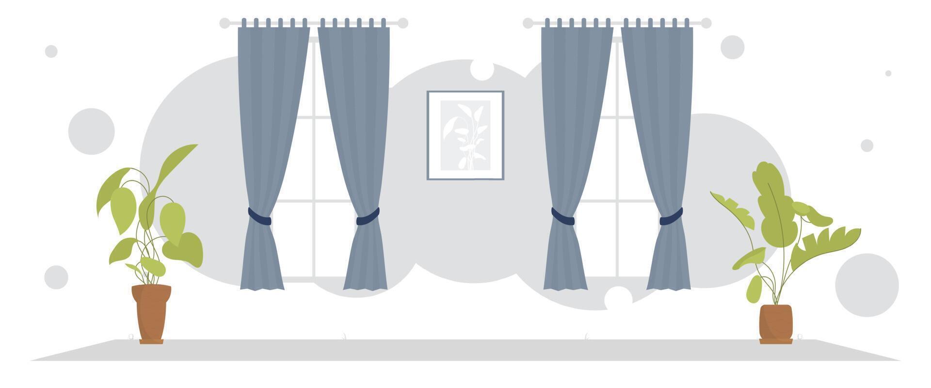 Wide living room with curtains and a window. Room design. Flat style. vector