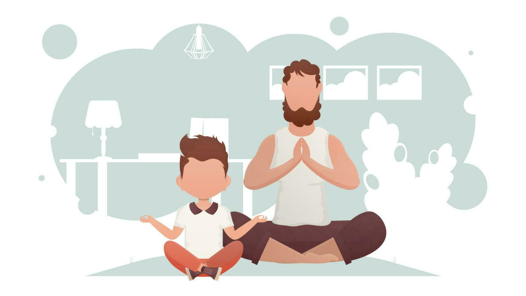 Father and son sit in the lotus position. Meditation. Cartoon style. vector