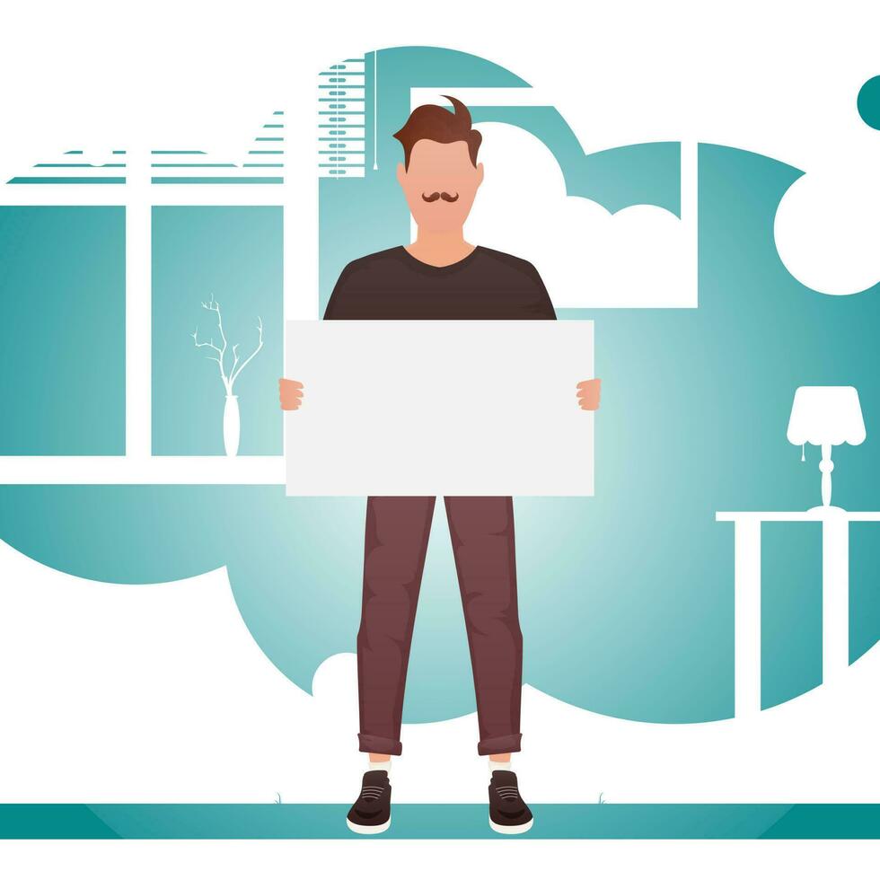 A guy of strong physique in full growth holds a blank sheet in his hands. Place for your advertisement. Cartoon style. vector