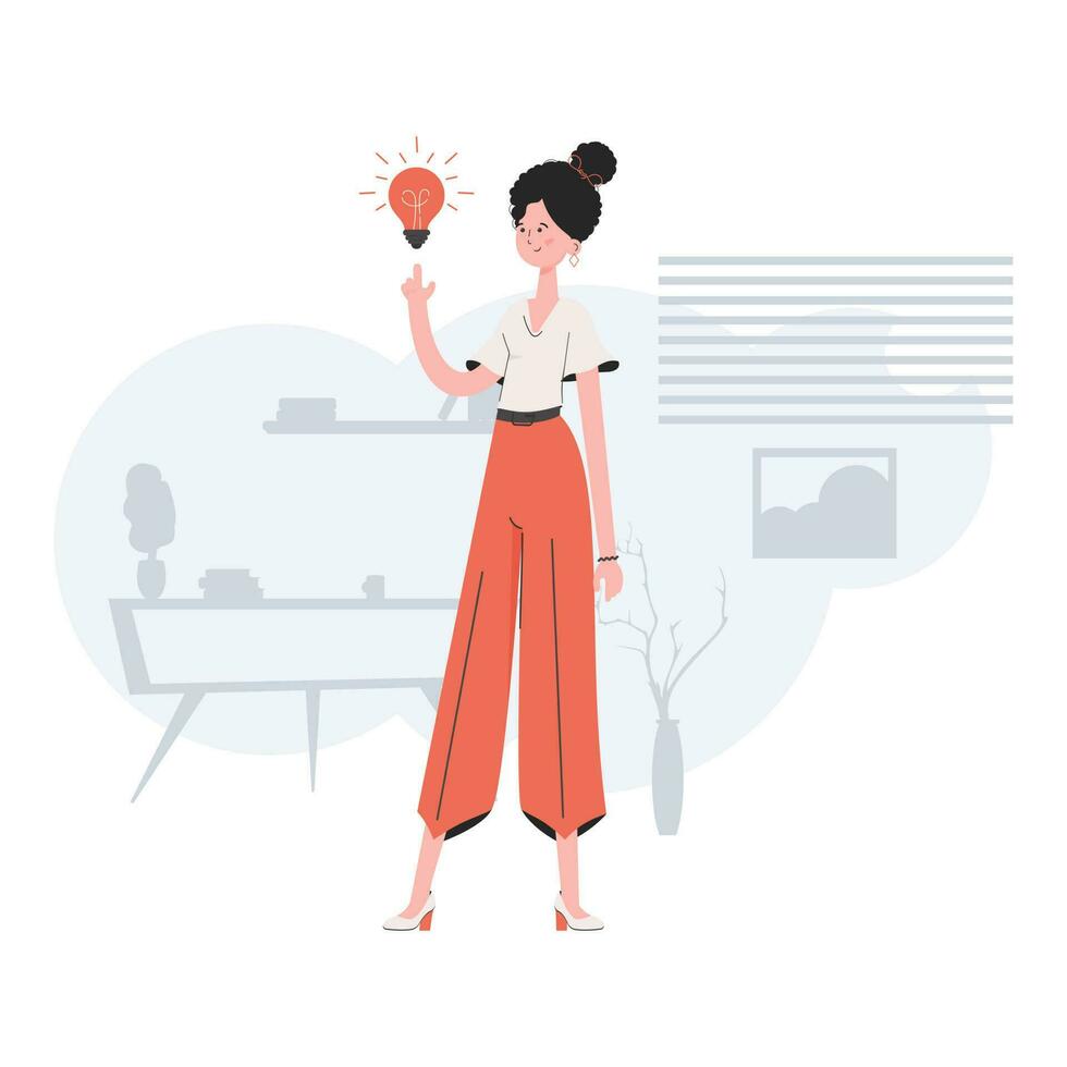 A woman stands in full growth with a light bulb. Idea. Element for presentations, sites. vector