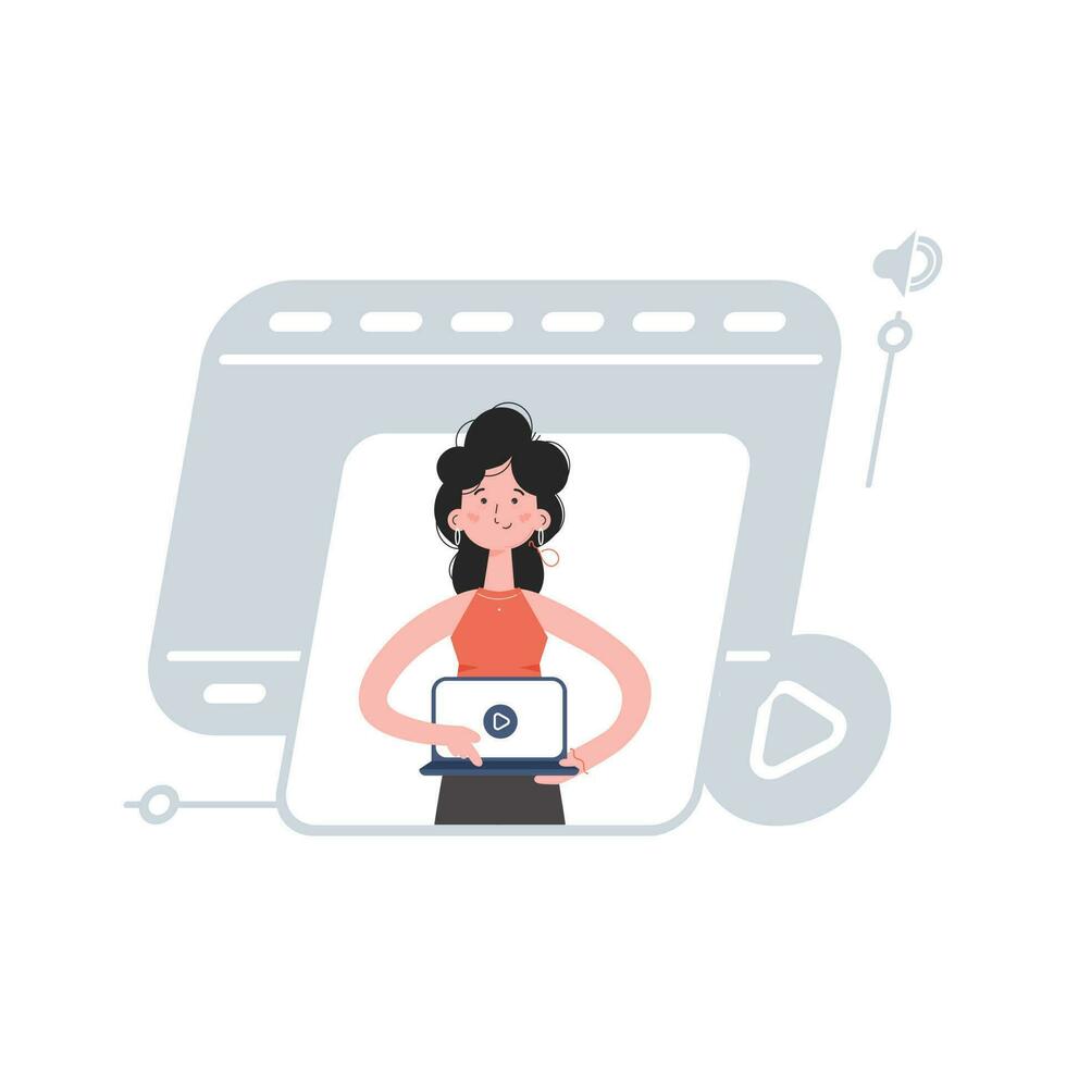 A woman stands waist-deep with a laptop. Presentation. Element for presentations, sites. vector