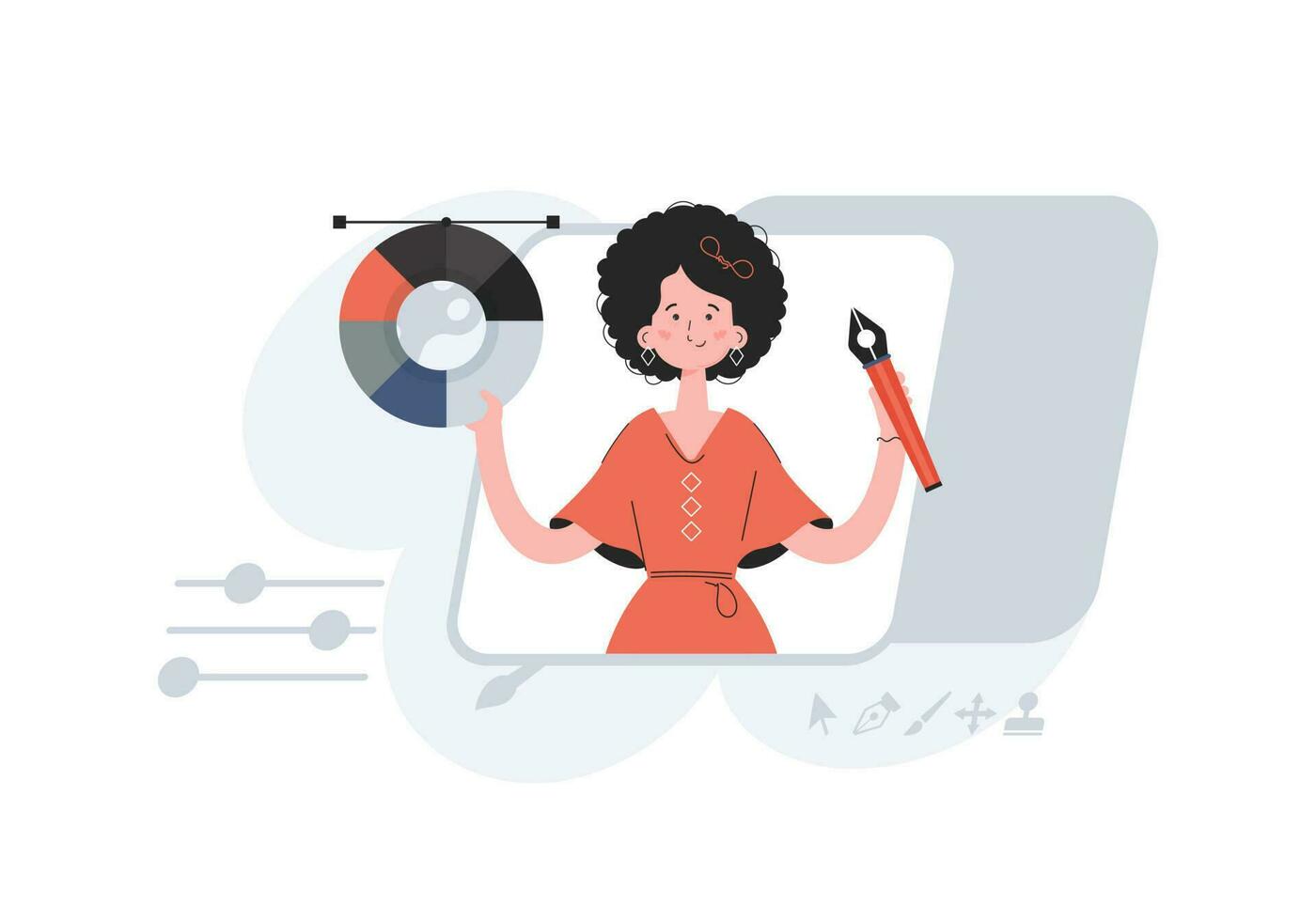 A woman stands waist-deep with a color wheel and a pen tool. Creation. Element for presentations, sites. vector