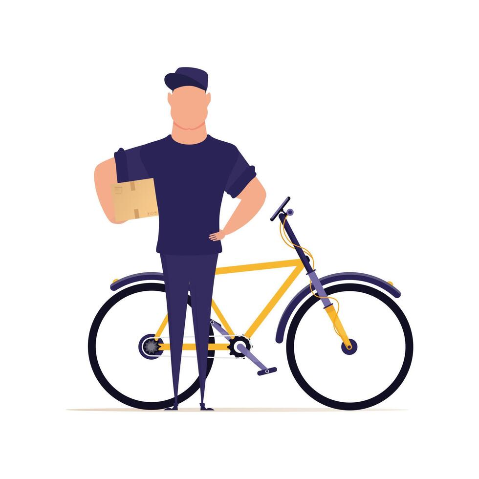 Courier man stands near the bike and holds a box. Delivery concept. Isolated on a white background. Vector illustration.