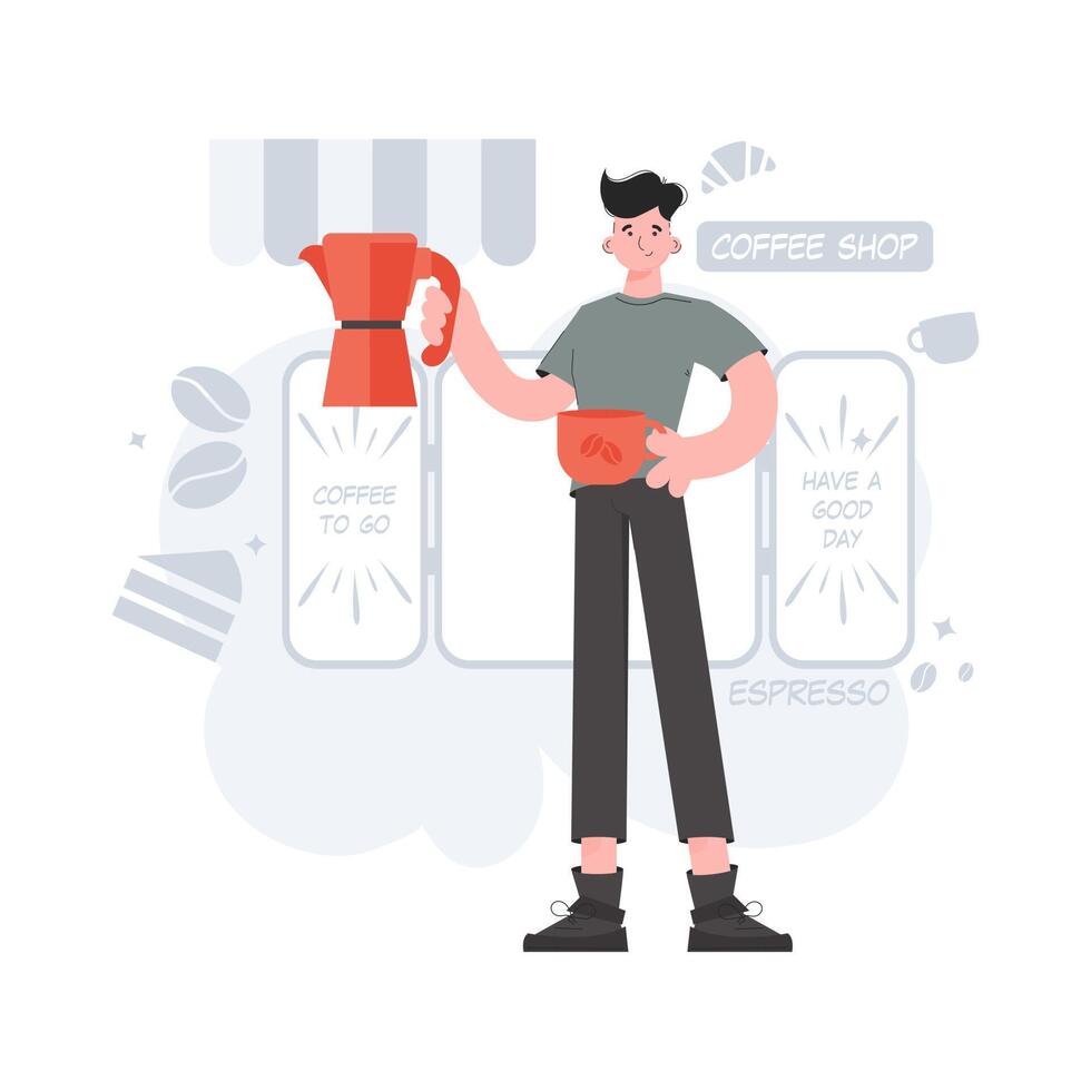 A man stands in full growth in his hands a cup and a coffee pot. Coffee shop. Element for presentations, sites. vector
