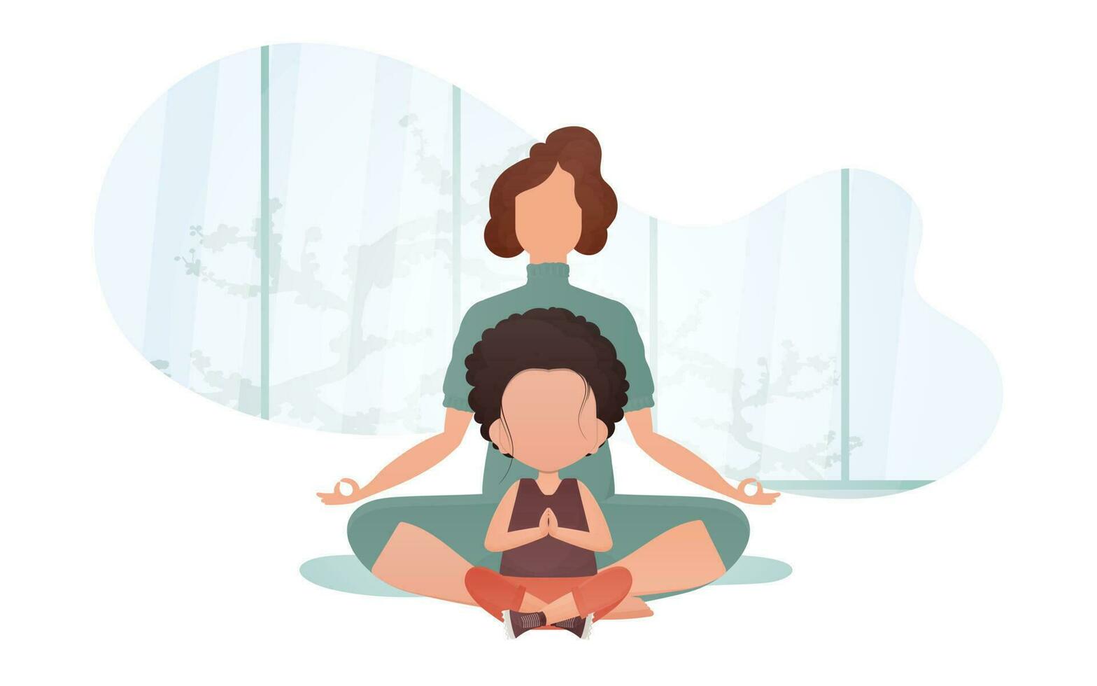 Mom and daughter do yoga in the lotus position. Cartoon style. Yoga concept. Vector. vector