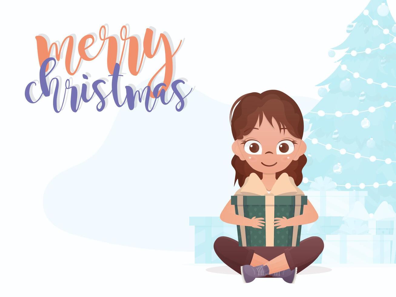 Cute little girl is holding a gift. Merry christmas banner. Cartoon style. vector