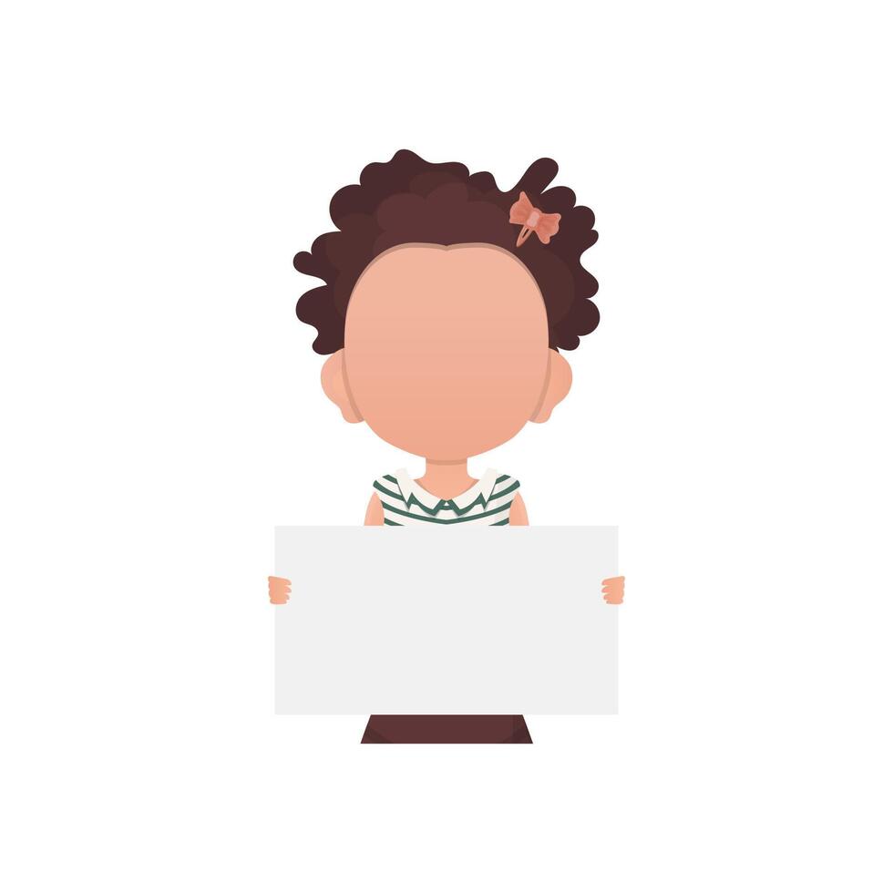 A small child girl holds a blank sheet of paper in her hands. Isolated. Flat style. vector