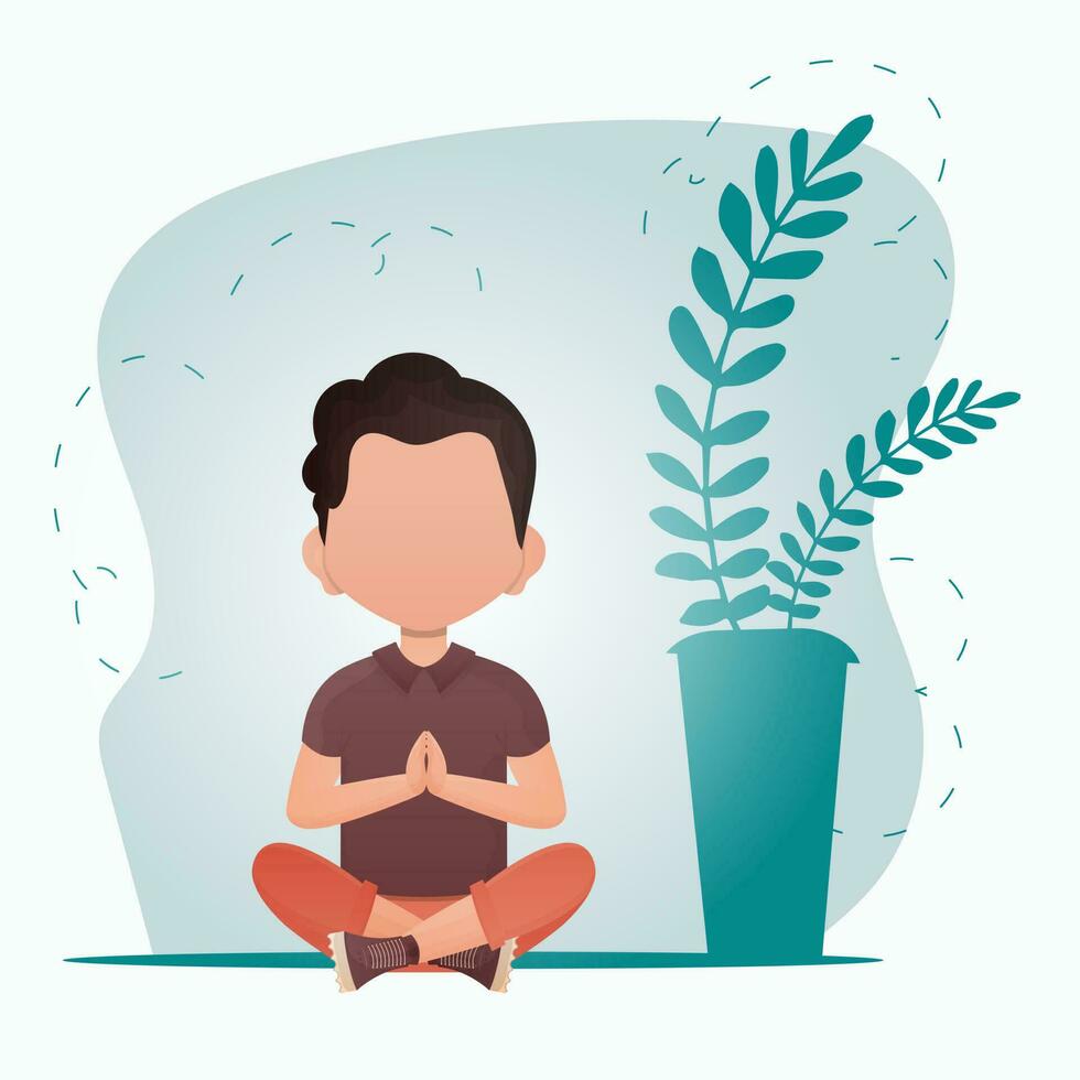 Cute little baby boy doing yoga in the room. Sports and recreation concept. Cartoon style. Vector illustration.