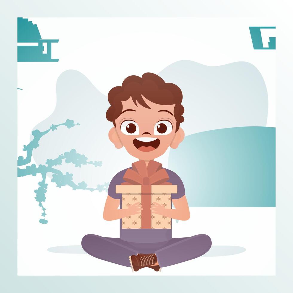 Joyful child boy sits in a lotus position and holds a gift with a bow in his hands. Birthday, new year or holidays theme. illustration in cartoon style. vector