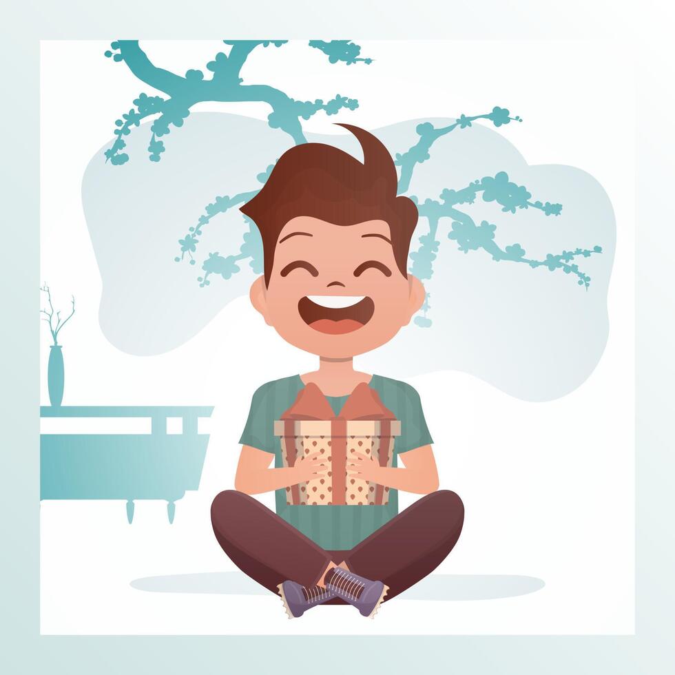 Joyful child boy sits in a lotus position and holds a box with a bow in his hands. Birthday, new year or holidays theme. Cartoon style. Vector illustration.