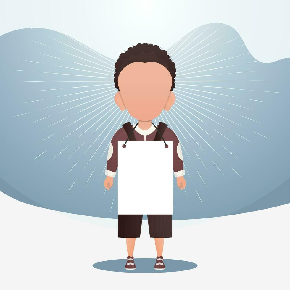 A cute little boy with a blank banner. Place for your text. Cartoon style. Vector illustration.