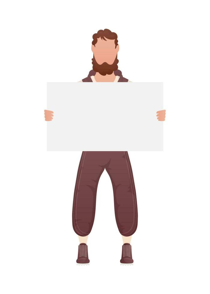 A guy with a strong physique holds an empty banner in his hands. Isolated. Cartoon style. vector