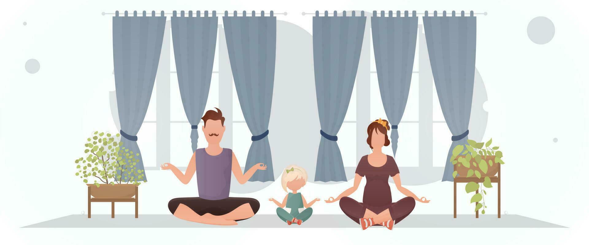 A man with a woman and a little girl are engaged in meditation in the room. Yoga. Cartoon style. vector