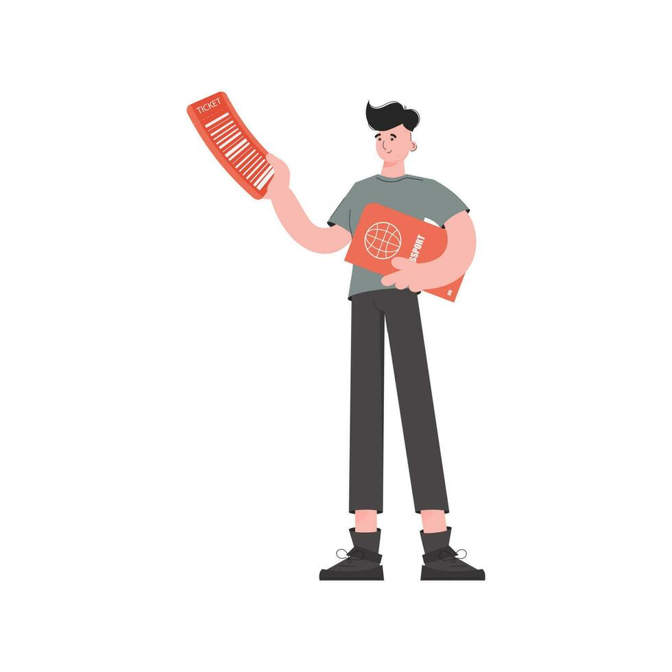 A man stands in full growth holding a boarding pass and a passport. Isolated. Element for presentations, sites. vector