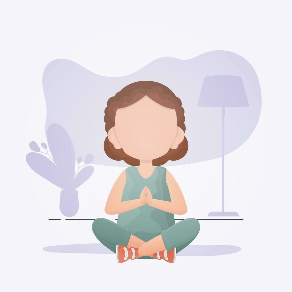 Little girl sits in the lotus position. Cute yoga, mindfulness and relaxation. Vector illustration in cartoon style.