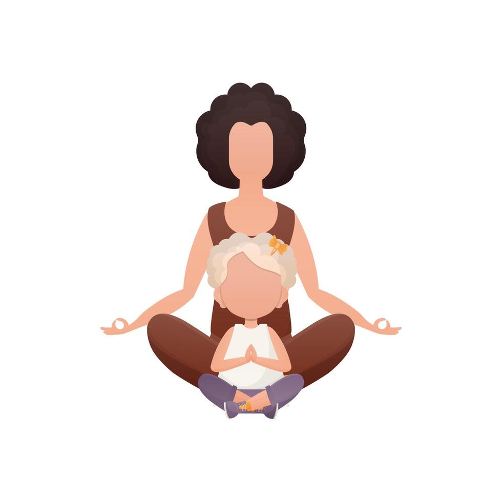Mom and daughter meditate in the lotus position. Cartoon style. Isolated. . vector