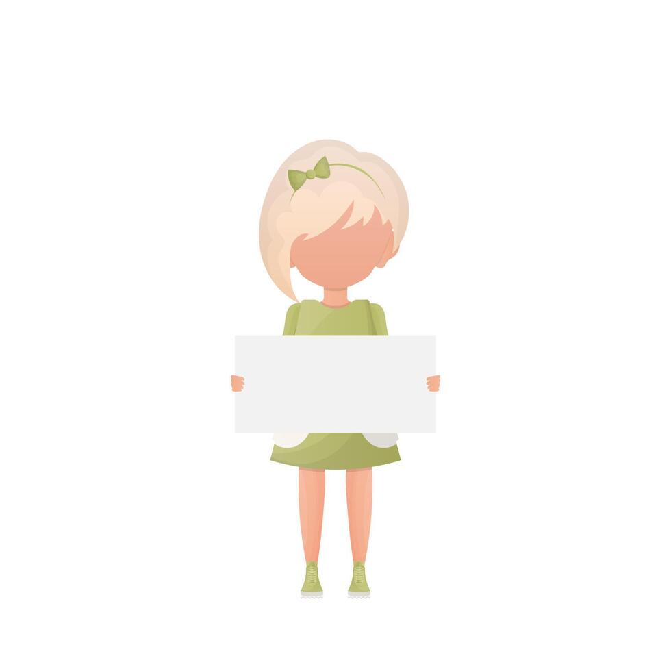 Cute little girl with blank white banner and space for your text. Design in cartoon style. illustration. vector