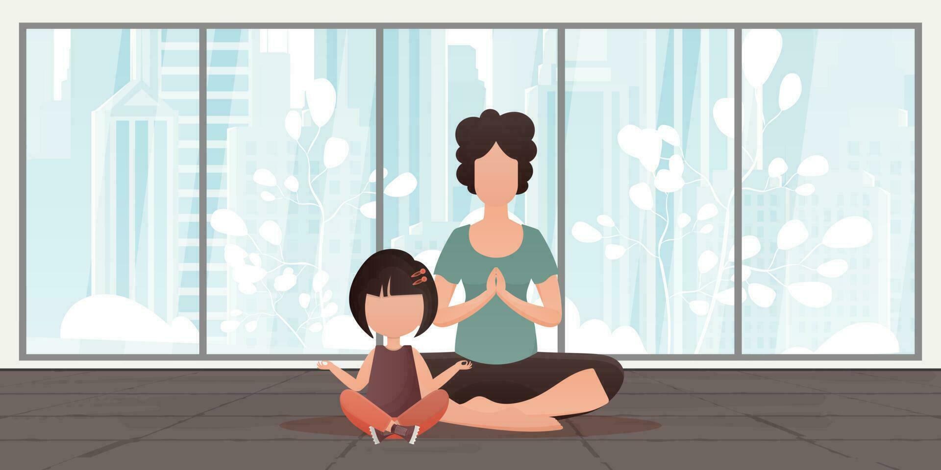 Mom and daughter do yoga together. Design in cartoon style. Vector illustration.