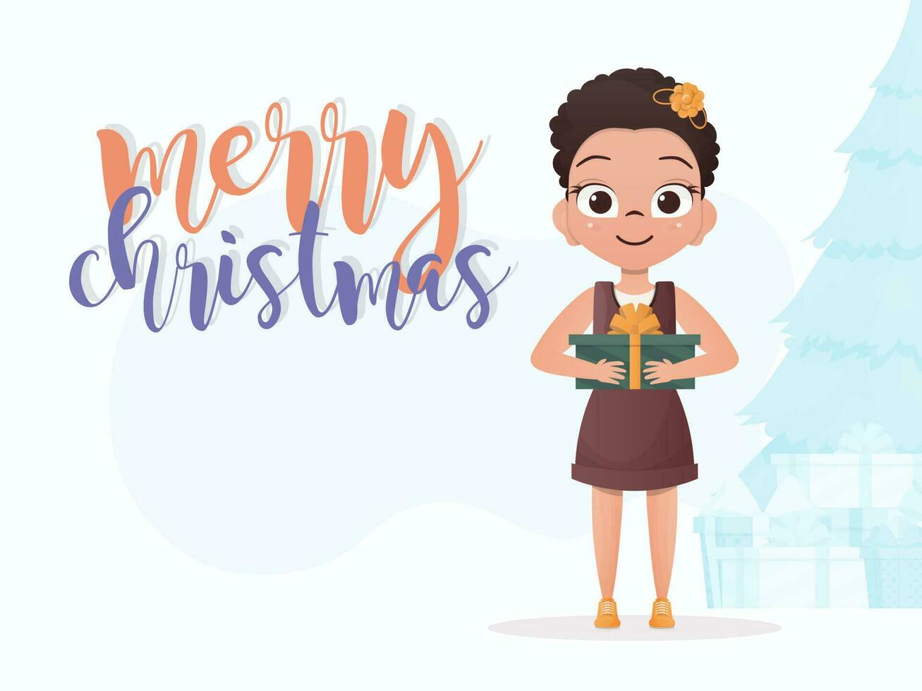 Cute little girl is holding a gift. New Year banner. Flat style. vector