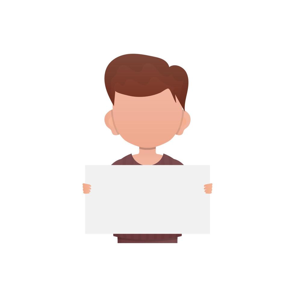 Preschool boy Holds a poster in his hands. Isolated. Cartoon style. vector