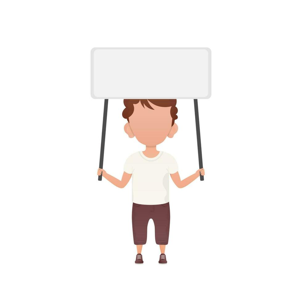 un linda pequeño chico con un blanco bandera. aislado en blanco antecedentes. vector ilustración en dibujos animados estilo.