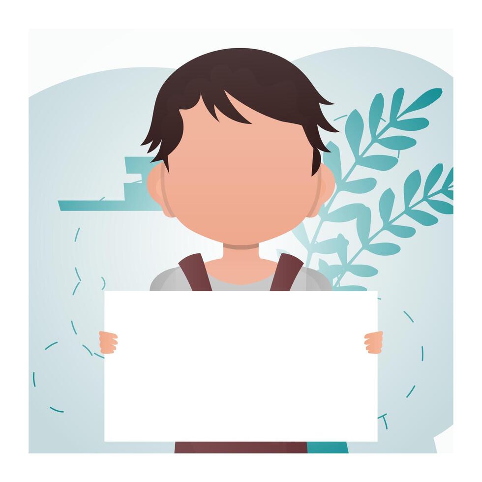 Cute preschool boy holding a blank banner in his hands. Advertising. Cartoon style. vector