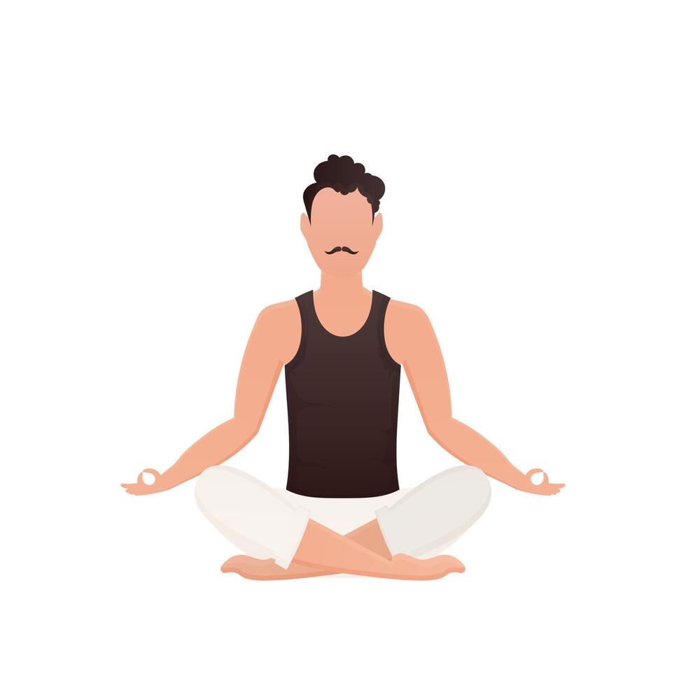 The guy sits and meditates in the lotus position. Isolated. Cartoon style. vector