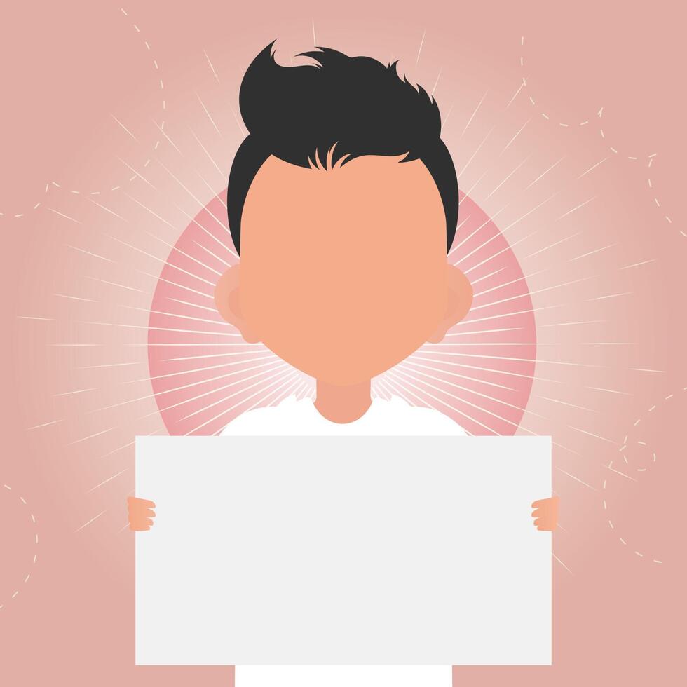 A cute little baby boy is holding an empty transport box. Place for your text. illustration in cartoon style. vector
