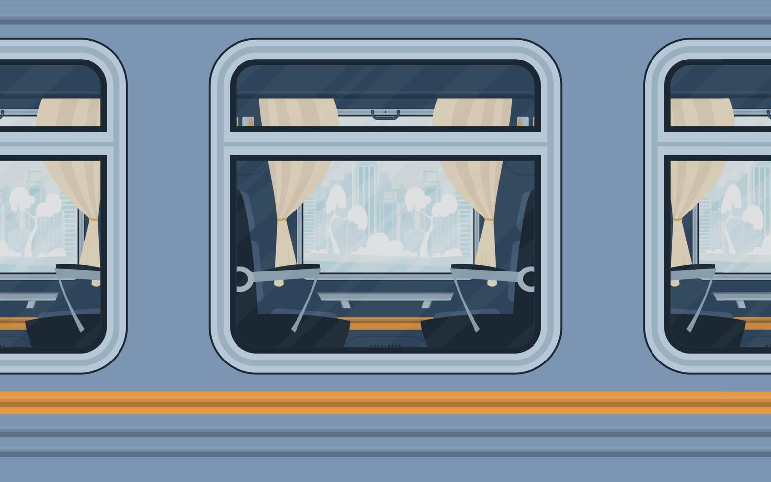 Windows of an empty commuter train. Rail transport is shown outside. Cartoon style. Flat style. vector