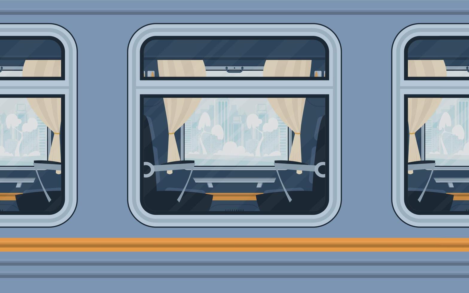 ventanas de un vacío viajero diario al trabajo tren. carril transporte es mostrado afuera. dibujos animados estilo. plano estilo. vector