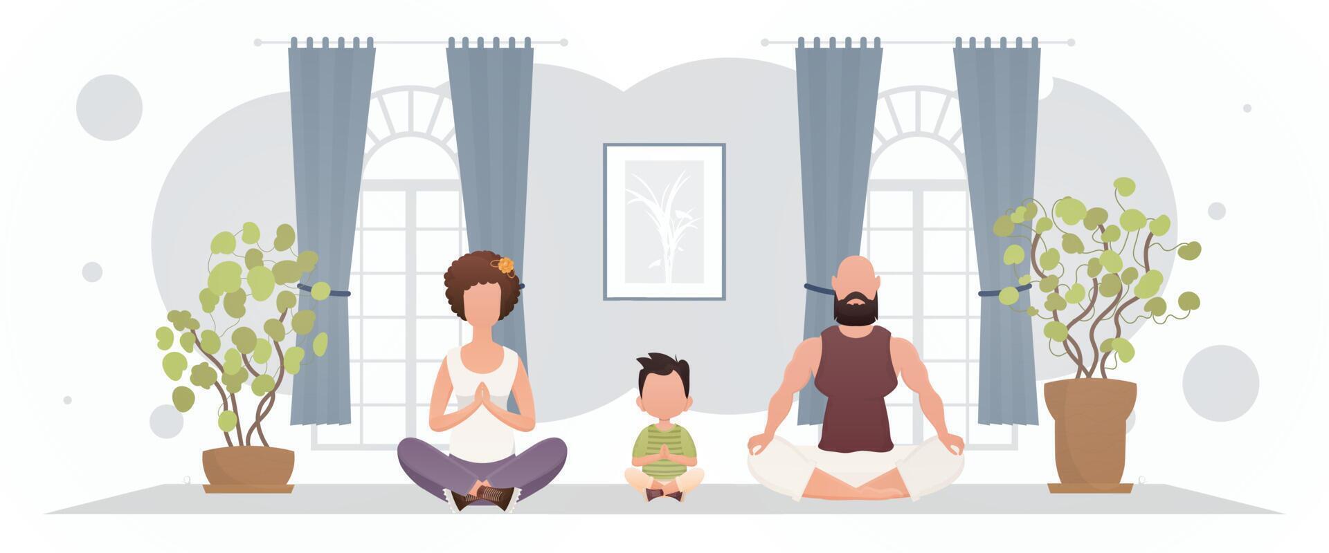 Husband and wife with an adorable baby are meditating in the room. Meditation. Cartoon style. vector