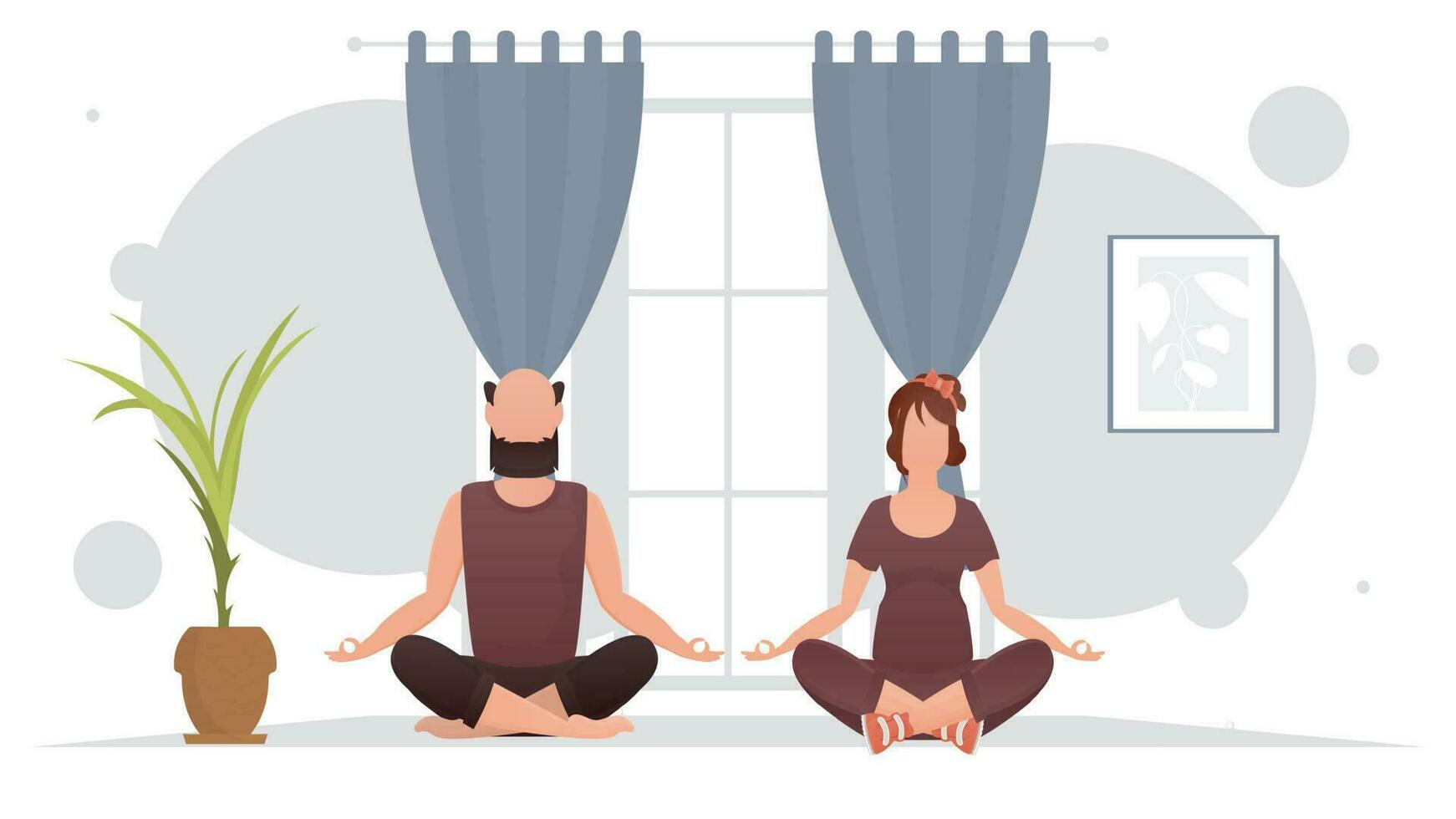 The guy and the girl are doing yoga in the room. Meditation. Cartoon style. vector