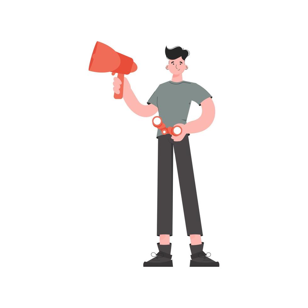 A man stands in full growth holding a loudspeaker and binoculars. Isolated. Element for presentations, sites. vector