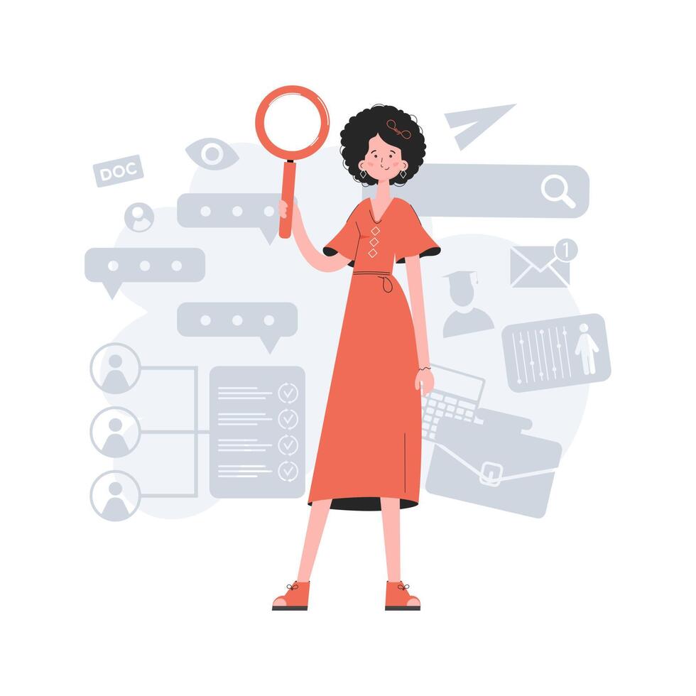 A stylish girl stands in full growth and holds a magnifying glass in her hands. HR. Element for presentations, websites. vector