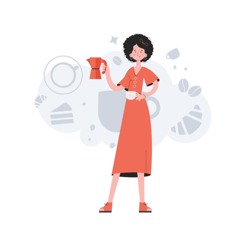 A woman stands in full growth in the hands of coffee. Coffee shop. Element for presentations, sites. vector