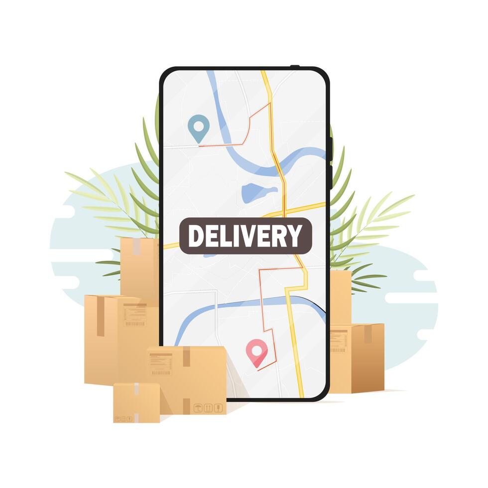 Rápido entrega concepto. un montón de cajas y cosas, un teléfono con un mapa. vector