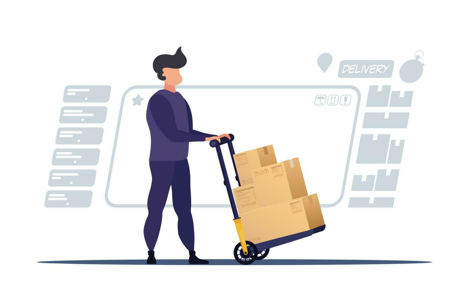 un cargador o mensajero lleva cajas en un carretilla. el concepto de entregando parcelas a hogar o Moviente casa. dibujos animados estilo. vector ilustración.