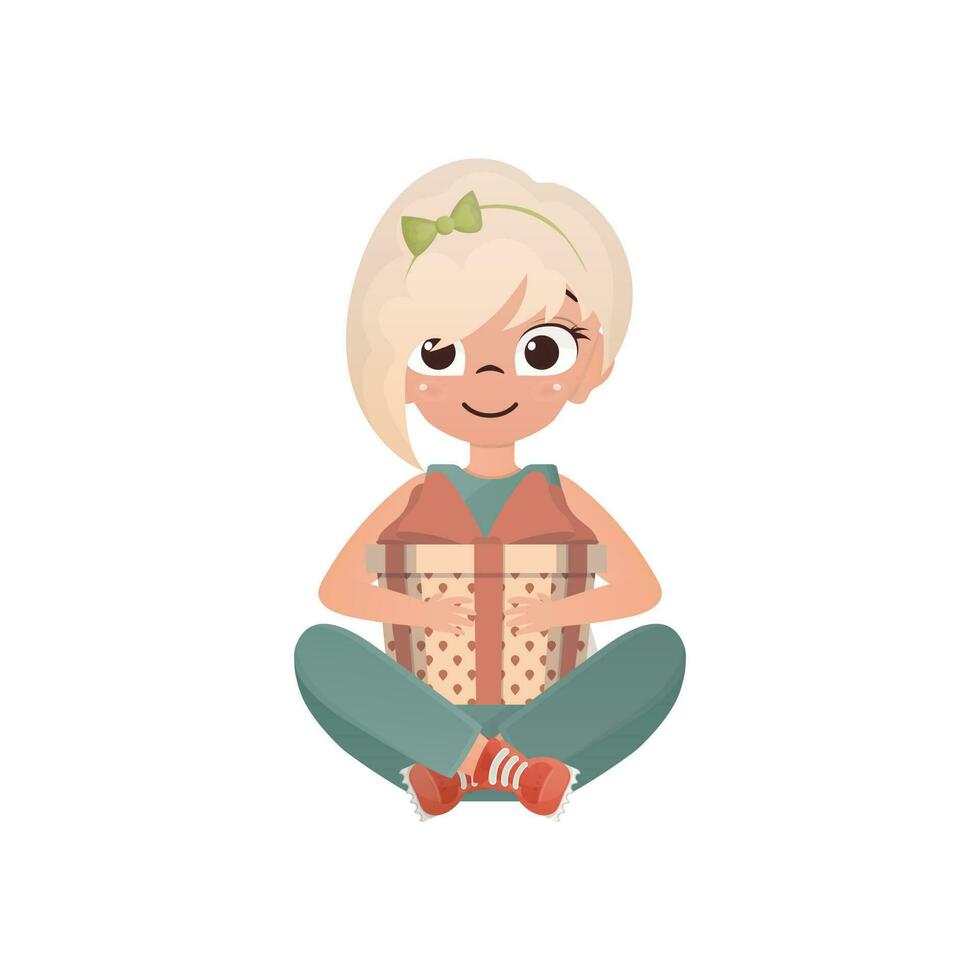 Little Girl sits in a lotus position with a gift in her hands. Isolated. Vector illustration.