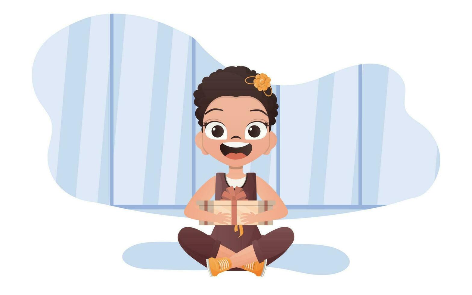 A cute little girl sits in a lotus position and holds a gift box in her hands. Vector. vector