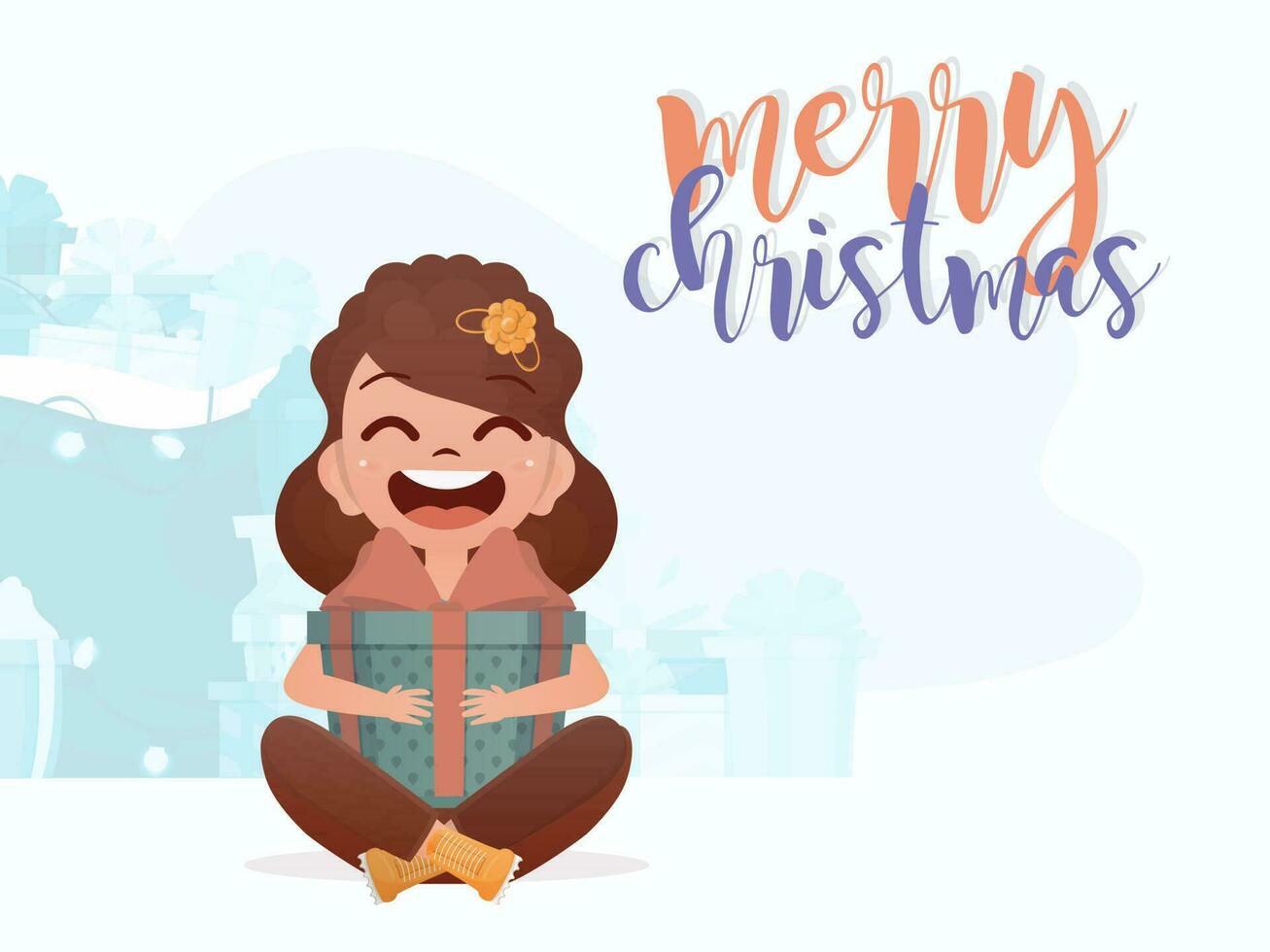 A cute little girl is holding a gift in her hands. New Year concept. Flat style. vector