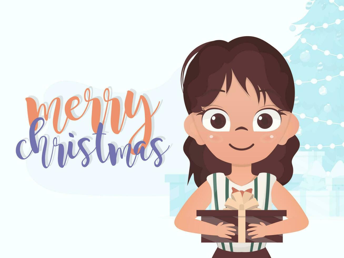 Little girl is holding a gift. New Year banner. Cartoon style. vector