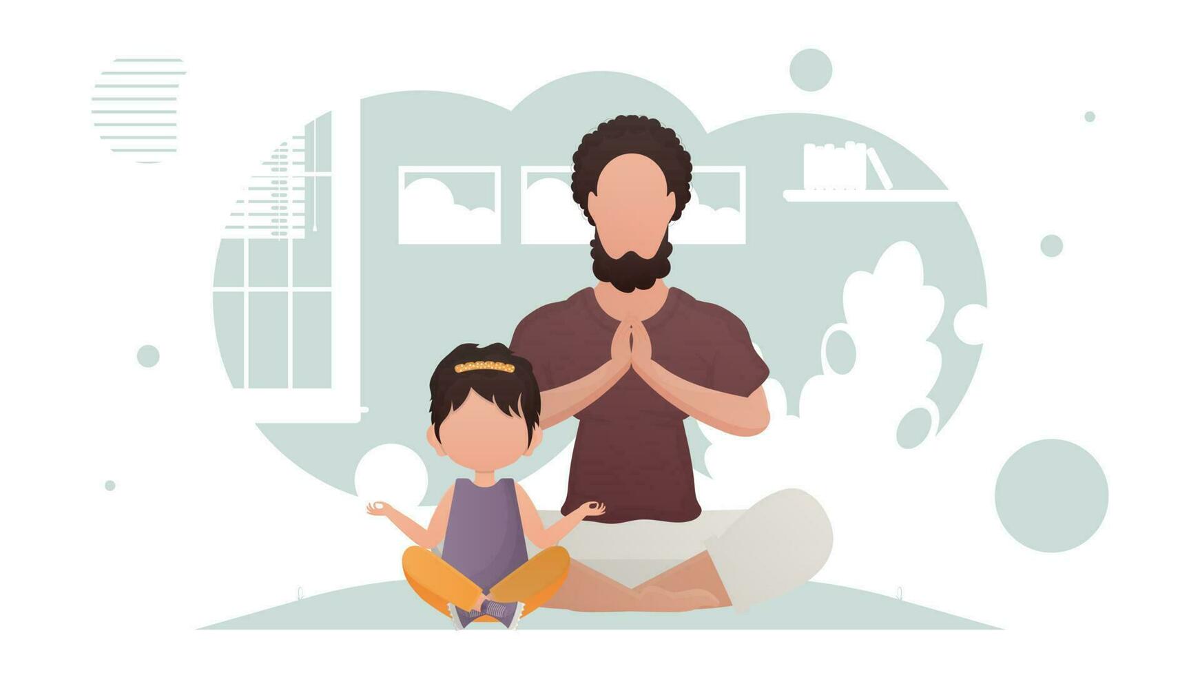 Dad and daughter are sitting meditating. Meditation. Cartoon style. vector