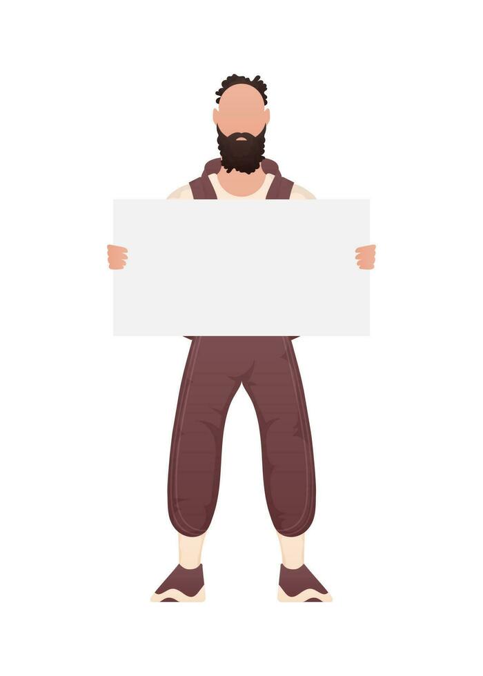 A guy with a strong physique holds a blank sheet in his hands. Isolated. Cartoon style. vector