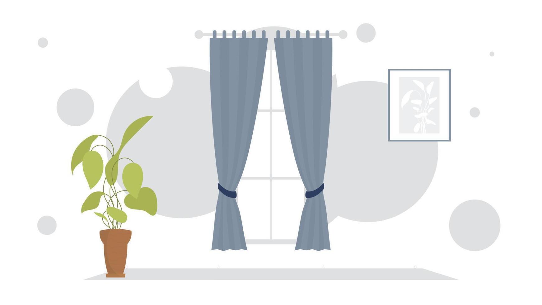 Living room with curtains and ornamental plant. Interior. Cartoon style. vector