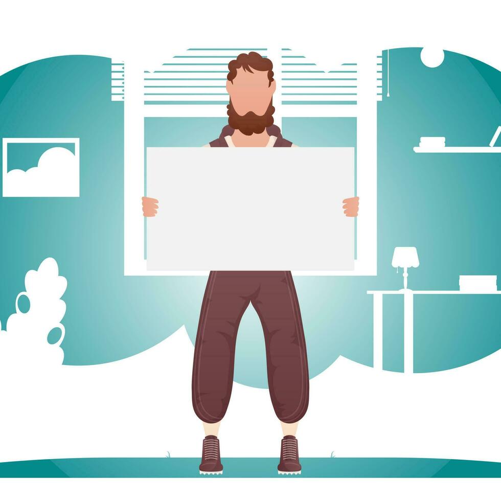 The man stands in full growth and in the hands of a blank sheet. Place for your advertisement. Cartoon style. vector
