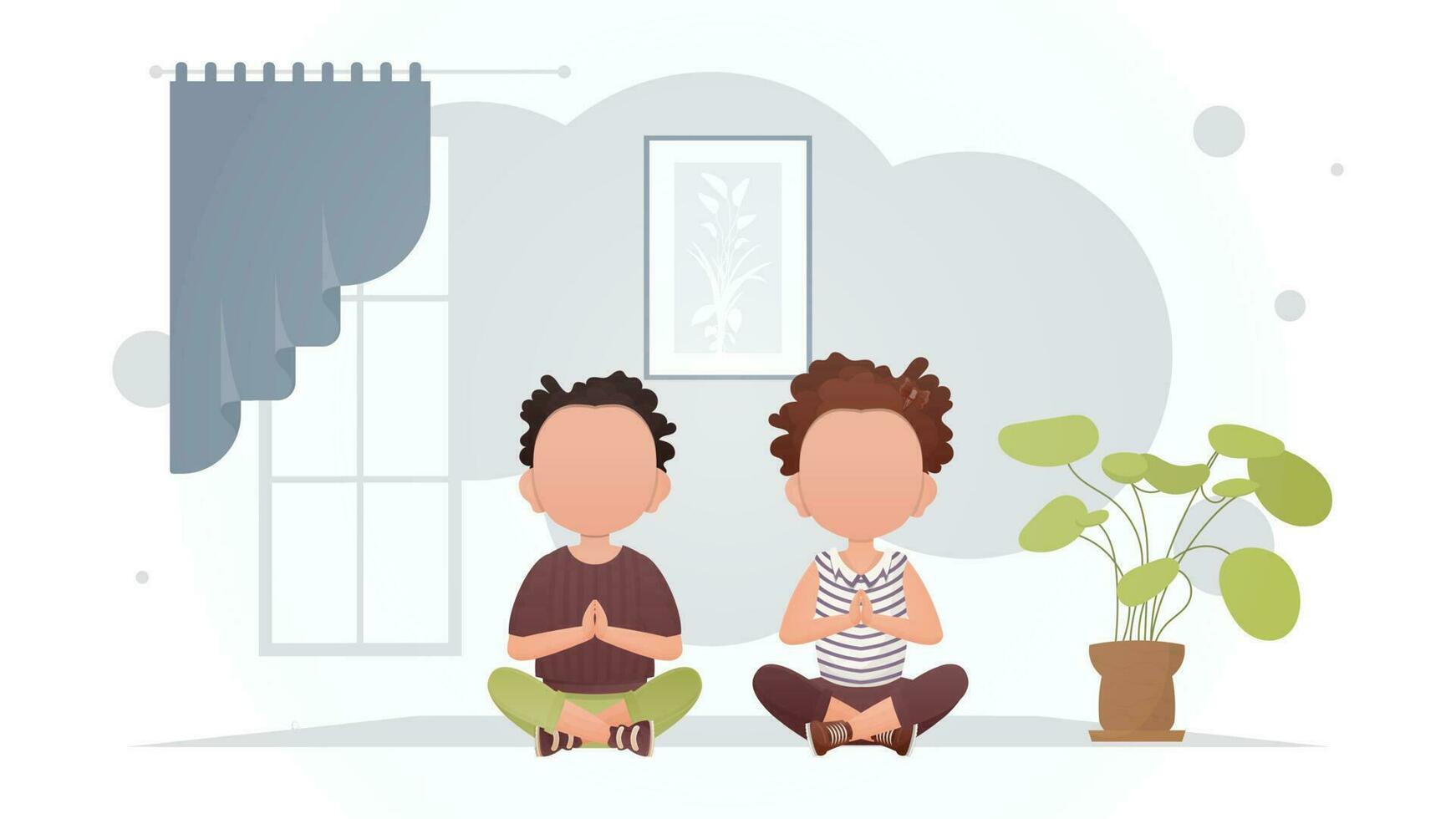 Little boy and cute girl are meditating in the room. Meditation. Cartoon style. vector