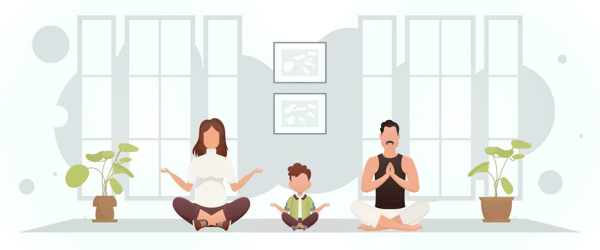 marido y esposa con un adorable bebé son sentado en un loto posición en un habitación. yoga. dibujos animados estilo. vector